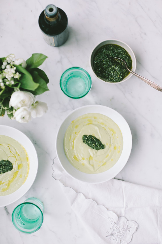 Chilled Avocado Soup with Mint & Nettle Pesto // Not Without Salt